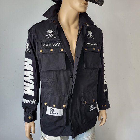 NWT~$345~MWM~SZ M~BLACK WHITE MILITARY SKULL PATCHES POCKETS COAT JACKET SHIRT - Picture 12 of 16
